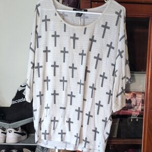 Forever 21 Cream and Black Cross Print Top